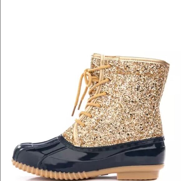 Sugar Duck Boots Women's Size 8 Gold Glitter & Navy Blue Lace-Up Shearling NIB - Picture 4 of 7